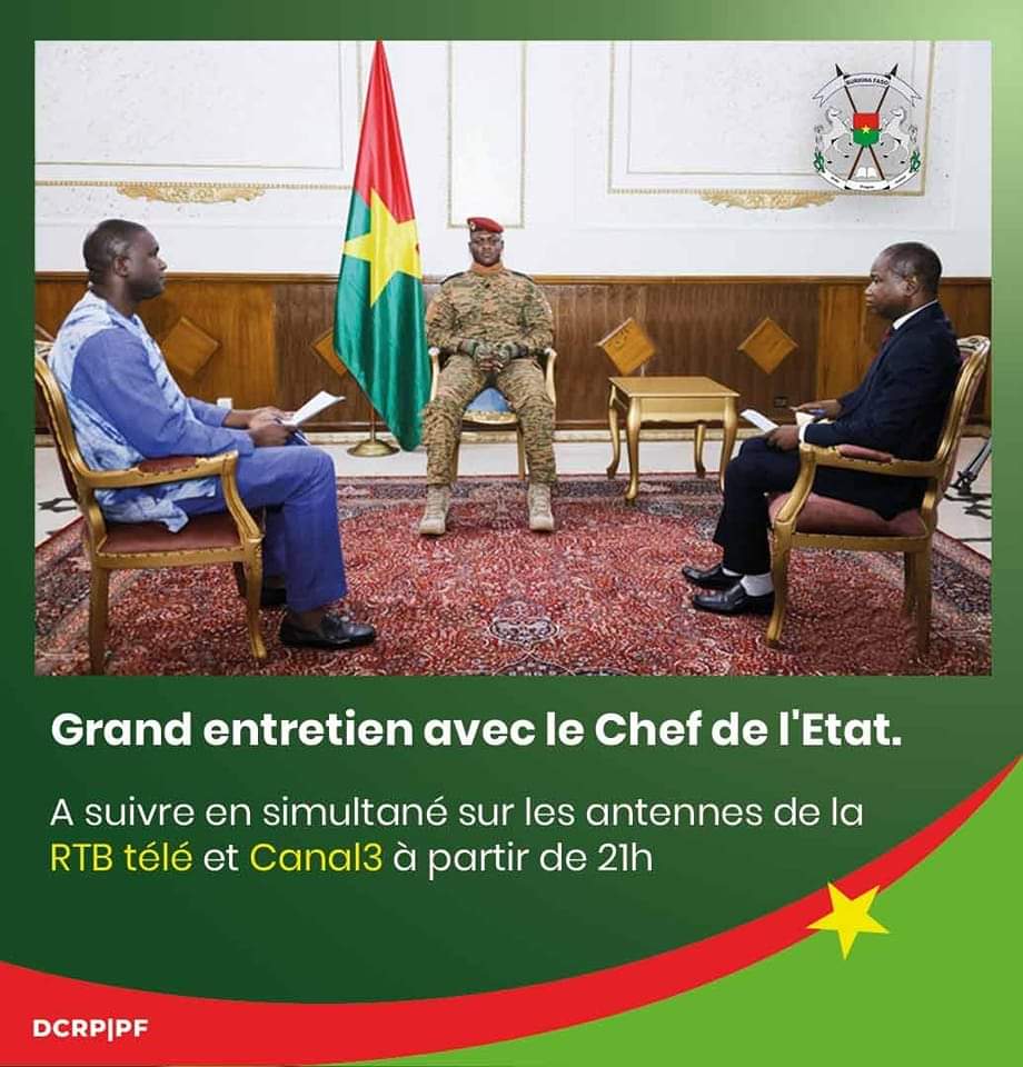 #BurkinaFaso: le Chef de l'Etat, le capitaine #Traoré  répond aux journalistes sur des questions d'intérêt national. 
A suivre en simultané sur les antennes de la RTB télé et Canal3 à partir de 21h. 
#Présidence du Faso
