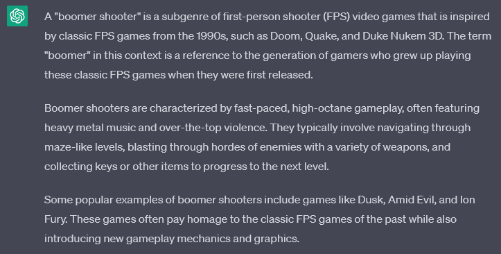 BrutalZlim's tweet image. ChatGPT knows it's stuff. I asked what a Boomer Shooter is.
#DUSK #amidevil #ionfury