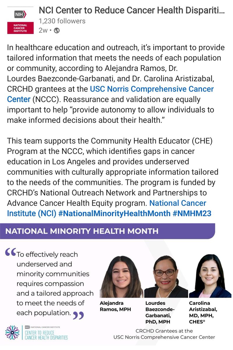 caritocac's tweet photo. Thank you @NCICRCHD. We are committed to continue joining forces to advancing cancer health equity and addressing cancer disparities.
@uscnorris @USCNorrisCOE @BaezcondG
@KECKSchool_USC @KeckMedUSC #NationalMinorityHealthMonth #NMHM23 https://t.co/QZILXuQOaS