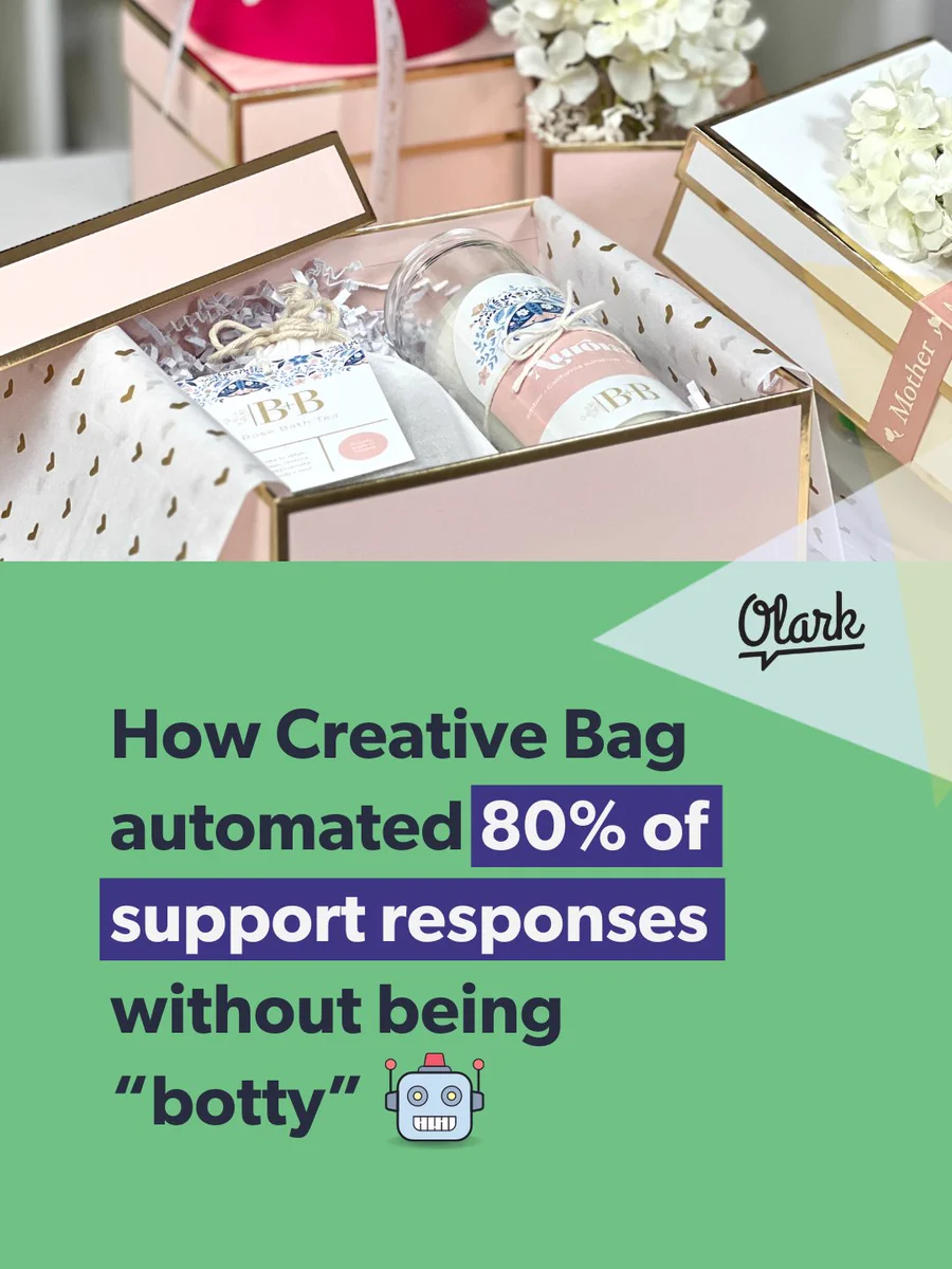 How Creative Bag automated 80% of support responses without being "botty." Includes a robot emoji and image of Creative Bag's gift packaging.