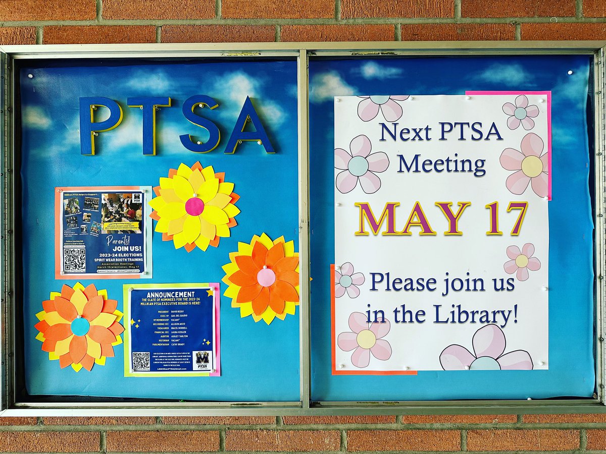 Join us at our final Association meeting on May 17th at 6pm in the library. Awards will be presented to our dedicated volunteers and more! #lbmillikanptsa #ourvolunteersarethebest BIG thanks to Sarah Malain for her PTSA display case designs this year!!! <a href="/PrincipalVega/">Alejandro Vega</a>
