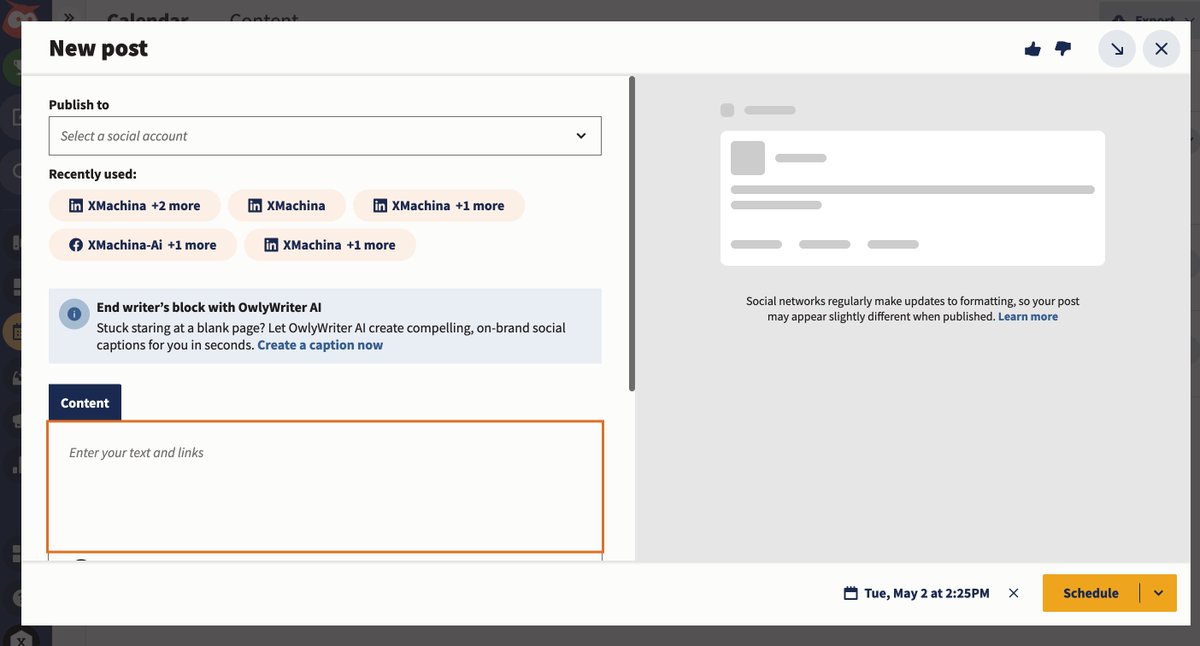 XMachinaAI's tweet image. ☑️ Marketing is one field that will benefit the most from generative #ai. Recently, Hootsuite upgraded its widgets to offer the OwlyWriter AI, a tool to rewrite your most successful posts on social media.

#generetiveai #contentmanagment #marketing #OwlyWriterAI  @hootsuite