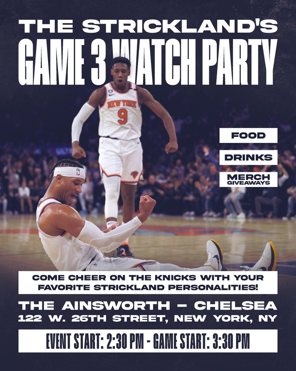 🚨WATCH PARTY THIS SATURDAY🚨 

Join your friends from The Strickland at The Ainsworth in Chelsea (122 W. 26th St), this Saturday at 2:30 PM to watch Knicks vs. Heat Game 3!

Drop a reply if you're coming through💯