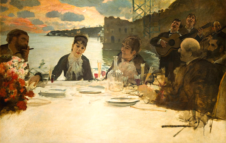 Painting by by leading Italian impressionist Giuseppe De Nittis (1846-1884) of a group of family and friends enjoying a very late lunch