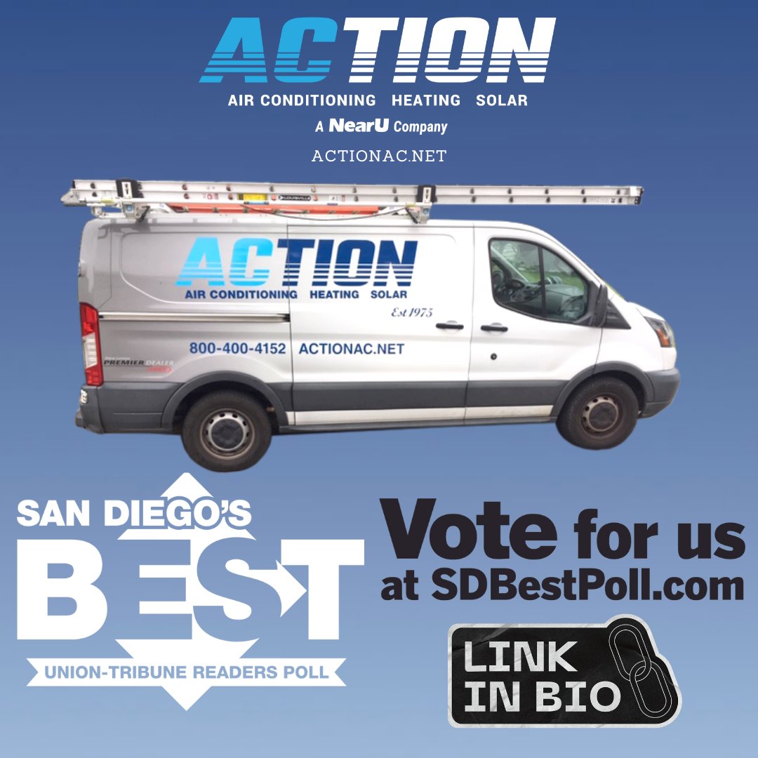 Vote for Action Air for San Diego's Best HVAC and Solar Company!
sandiegouniontribune.com/sdbest/actiona…

#Bestof2023 #BESTHVAC #ActionAir #SanDiegoUnionTribune #SDUTBest #SanDiegoBest #sdut #BestofSanDiego #HVAClife #HVAC #Solar