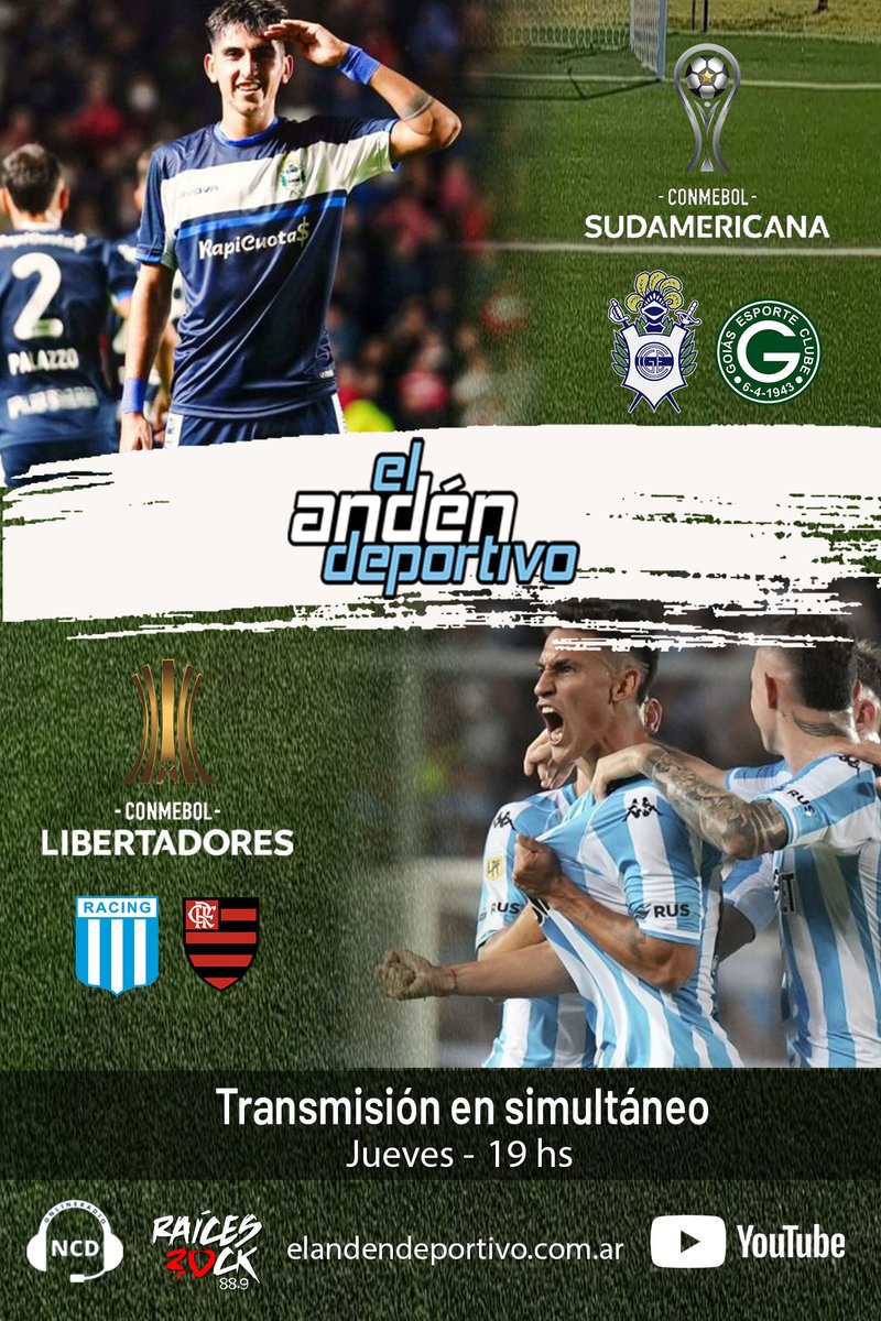 Sumate a una nueva transmisión de El Andén Deportivo, hoy en dúplex desde el Juan Carmelo Zerillo y el Juan Domingo Perón. Escuchanos por <a href="/fmraicesrock/">FM Raíces Rock</a> #NCDradio elandendeportivo.com.ar Youtube #temporada14  #GELP #goias #CopaSudamericana #RacingClub #flamengo #CopaLibertadores