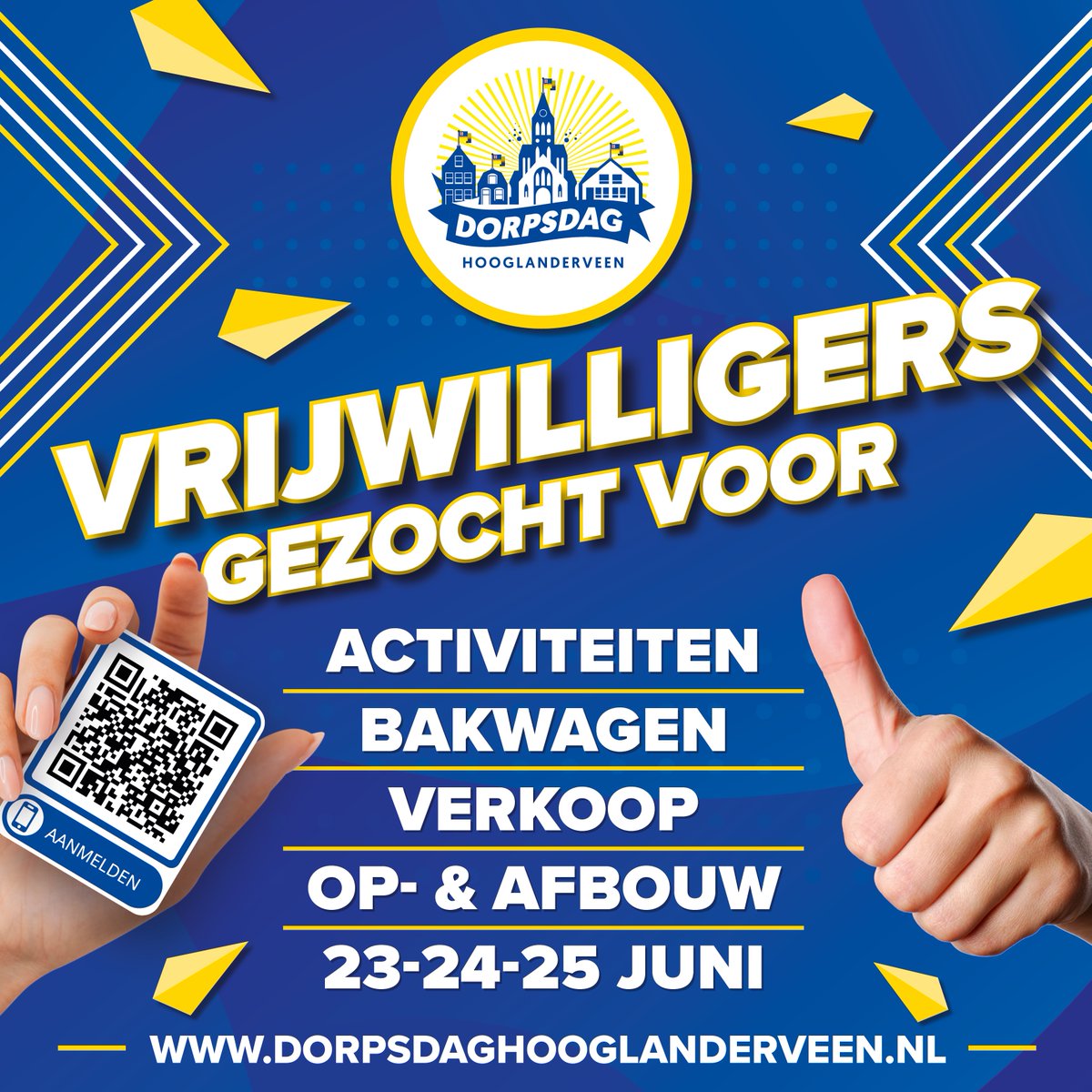 We hebben nog zeker 60 vrijwilligers nodig die een aantal uur willen helpen bij de catering, begeleiding bij kinderactiviteiten, op- en afbouw of opruimen.
Help jij mee om Dorpsdag weer tot een groot succes te maken? 💙💛

Op dorpsdaghooglanderveen.nl/#vrijwilligers staat een actueel overzicht.