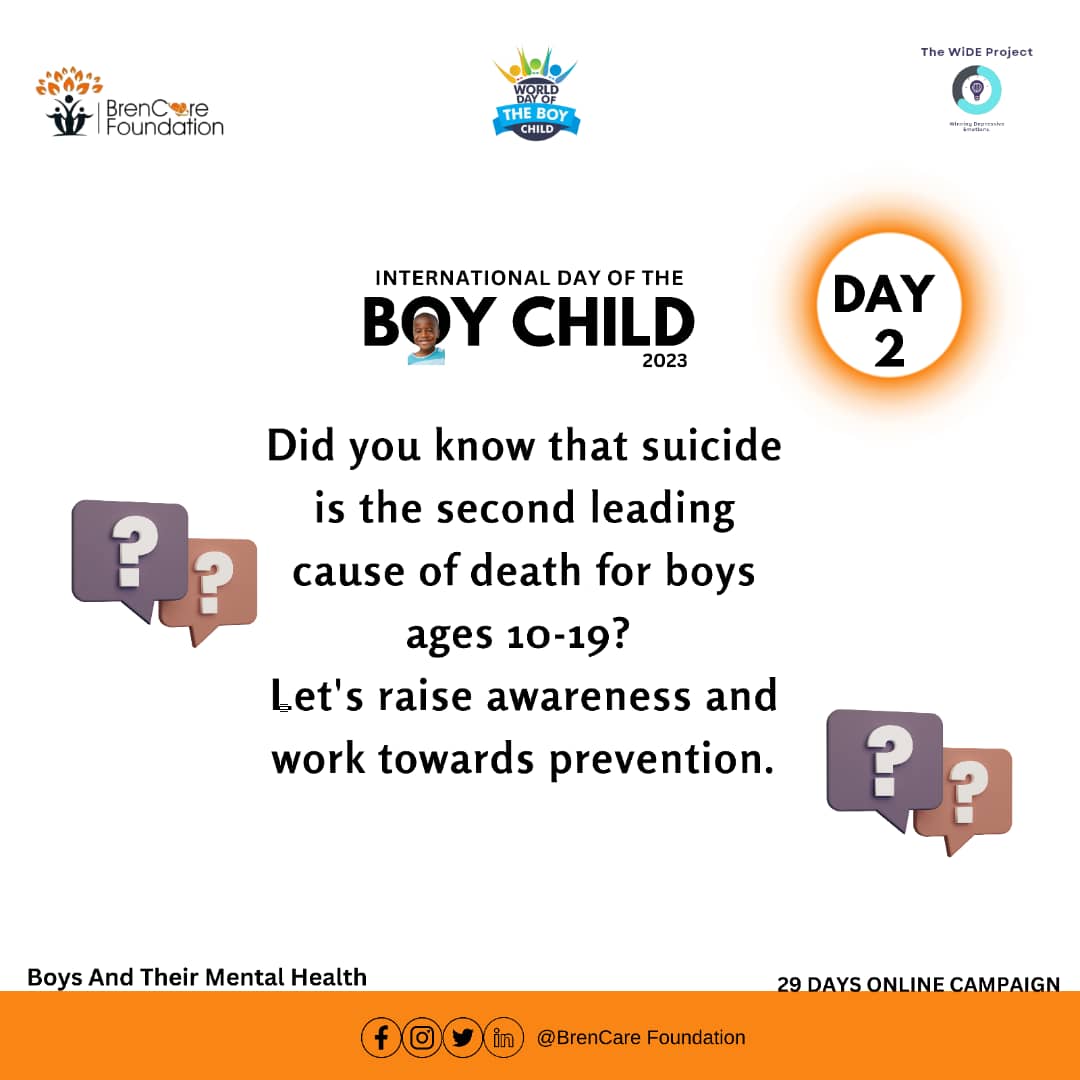 We've seen how young boys give in to suicide and it seems okay, but it really is not ok. Let's create an enabling environment for boys to feel safe
#Boysmentalhealth
#mentalhealthmatters
#mentalhealthawareness
#Seeksupport
@brencare_f
@CentreforMH @mhmatters