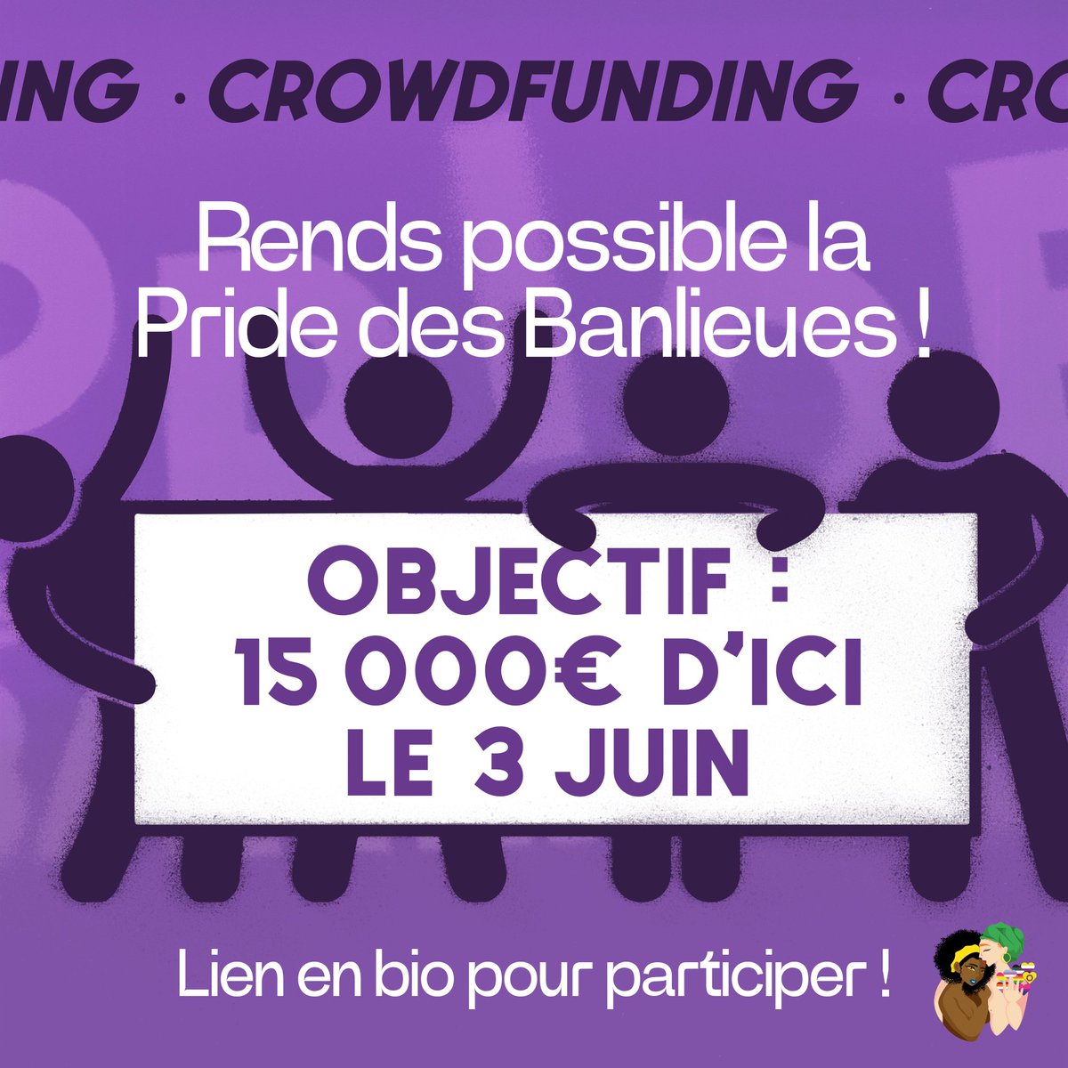 pride_banlieues's tweet photo. La cagnotte de la Pride des Banlieues est ouverte !

Objectif 15 000€ pour rendre l'événement aussi accessible, sécurisé et agréable que possible.

C'est le nombre qui fait la force !

Pour participer ca se passe sur le lien en bio.

Les RT sont super appréciés ! https://t.co/qD0ARsocCe