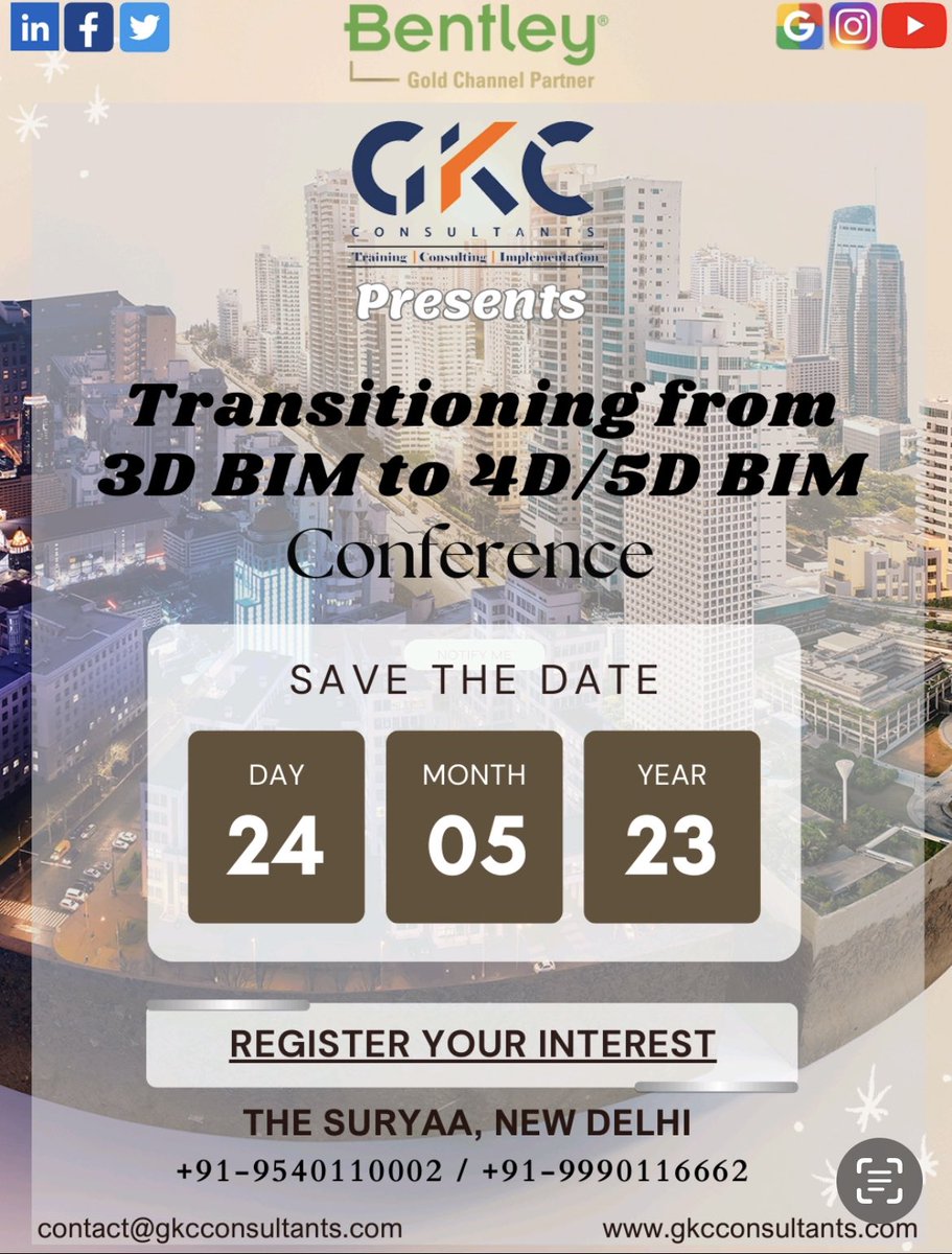 gkcconsultants's tweet photo. @gkcconsultants invites all #BIM enthusiasts to our upcoming #Conference.
📢 "Transitioning from 3D BIM to 4D/5D BIM" 💯
Powered By: @BentleySystems @Bentley_SYNCHRO
📅 25-05-23 @SuryaaHotel #NewDelhi
#Registration https://t.co/tgttP47Pwp
🏃♀️ #Hurry #Limitedseats left https://t.co/JAiQkXahzv