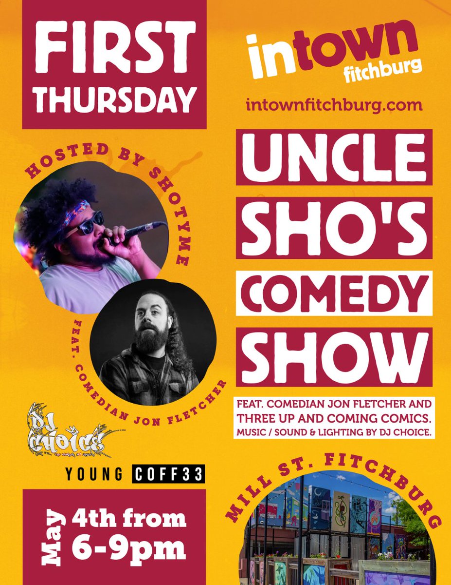 TONIGHT on our Mill Street Stage! Join @YoungCoff33 + <a href="/InTownFitchburg/">InTown Fitchburg</a> as they present Uncle Sho’s Comedy Show, featuring this month's headliner, local comedian Jon Fletcher, and music by DJ Choice. #freeevents