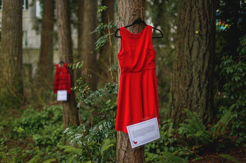 CapilanoU's tweet photo. Tomorrow is #RedDressDay and red dresses will be displayed around main campus to honour and bring awareness to MMIWG2S+ people. Tonight and tomorrow night, Birch Building will be illuminated red in honour of Red Dress Day. https://t.co/IwVcXOxDGQ
