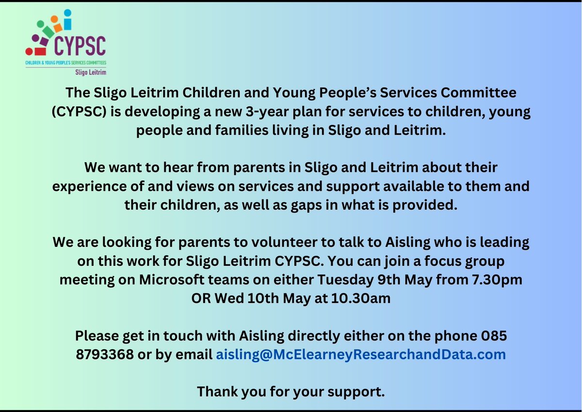 PARENTS IN SLIGO AND LEITRIM- HAVE YOUR SAY!

We want to hear from YOU about your experience and views on services and supports available across Sligo/Leitrim and the gaps for children and young people within the areas.