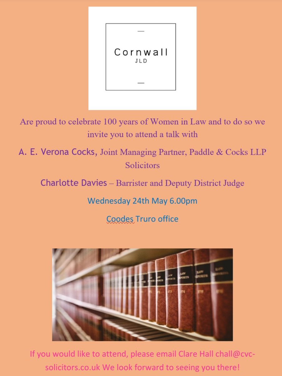 We are pleased to confirm that the venue for our Women In Law talk will be <a href="/Coodes/">Coodes Solicitors</a> Truro Office. Please let Clare Hall know if you'd like to come along. We would love to see you there!