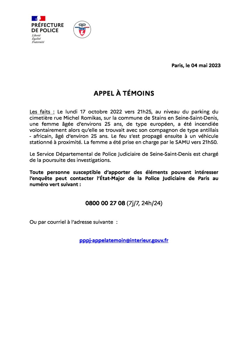 #AppelÀTémoins | 📄Toute personne susceptible d’apporter des éléments pouvant intéresser l’enquête ouverte suite aux faits s'étant déroulés le lundi 17 octobre 2022 sur la commune de #Stains peut contacter l'état-major de la DRPJ.

Plus d'informations 👇