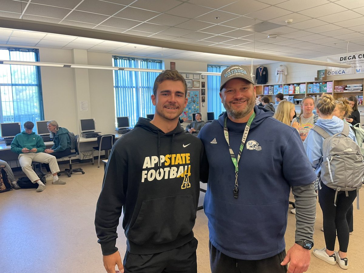 Great to see former Pioneer and current <a href="/AppState_FB/">App State Football</a> safety <a href="/jackson_greene1/">Jackson Greene</a> speaking to our <a href="/Watauga_FCA/">Watauga_FCA</a> group this morning.  He even made it out to watch some of <a href="/PerfectEffort14/">WataugaFootball</a> football practice before speaking.