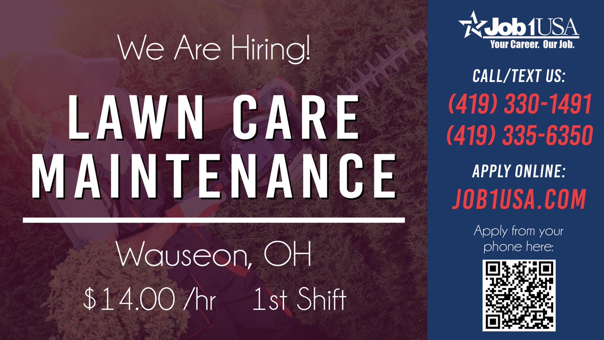 Job1USA's tweet photo. We're looking for entry-level Lawn Maintenance Workers in Wauseon, OH!

Starting Pay: $14.00

Call or Text us at 419.335.6350 or 419.330.1491 today!

If this the opportunity you've been looking for &amp; you don't have a resume, apply today at https://t.co/tBZs8ZumGE! https://t.co/sO1uCRVEXl