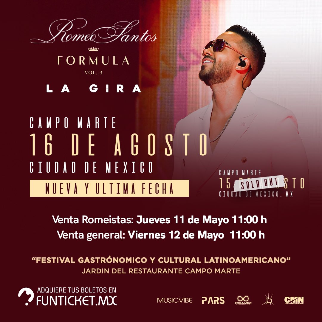 🚨Romeo Santos🚨

Porque ustedes lo pidieron…
¡Se logró la segunda fecha de Romeo Santos en CDMX el 16 de agosto!

Venta Romeistas: 11 de Mayo 11 AM
Venta General: 12 de Mayo 11 AM

⚠️Para la Venta romeistas necesitarán un link especial que recibirán aquellos que compraron para