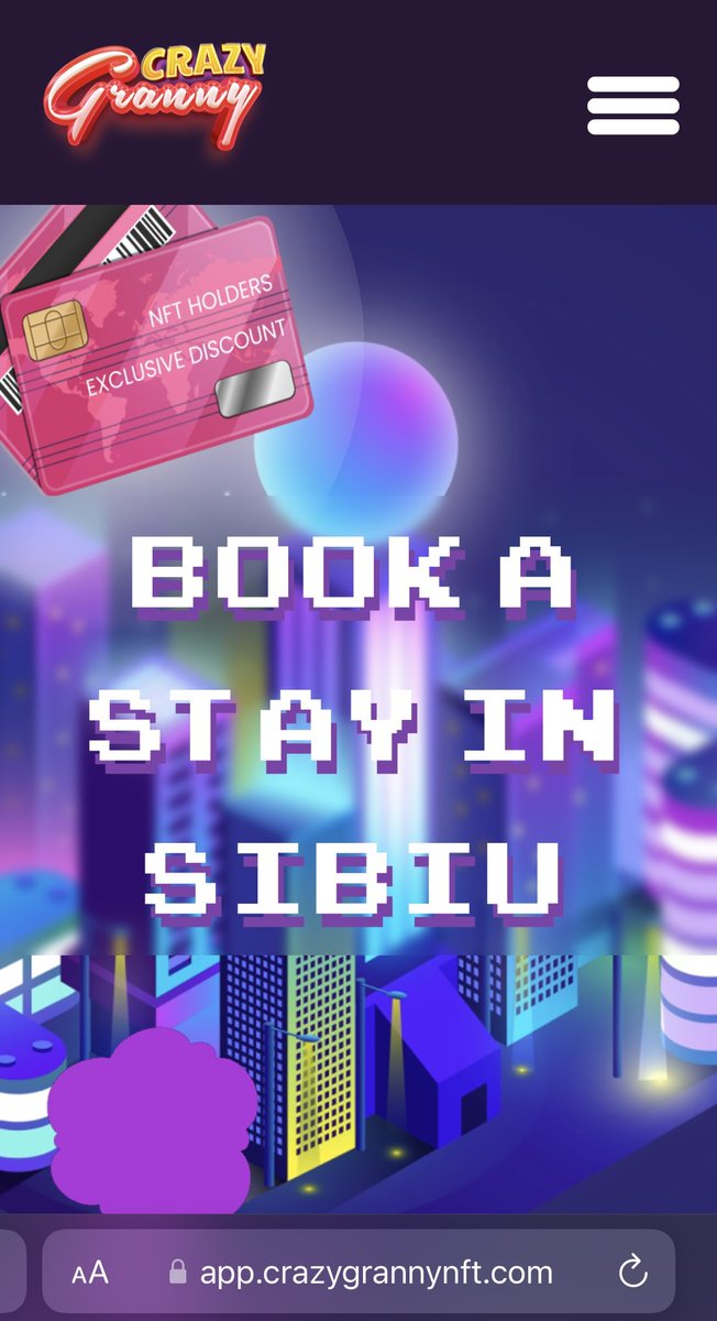 🏠 Did you know that by holding a Crazy Granny NFT in your wallet, you can get a 20% discount on renting an apartment in beautiful Sibiu? It's just one of the many perks of being a part of our community! Keep holding onto your Granny and get ready to enjoy some amazing benefits.