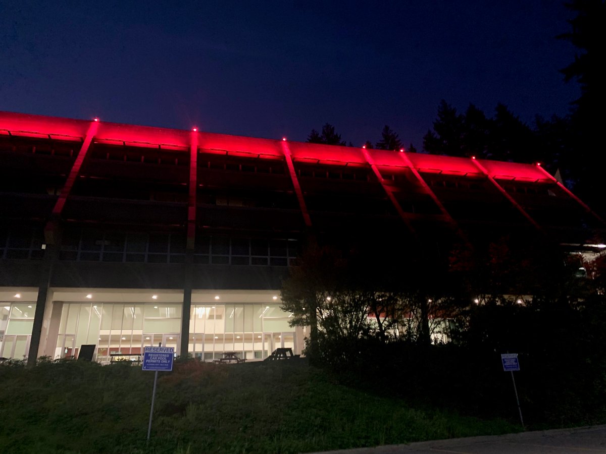 Tomorrow is #RedDressDay and red dresses will be displayed around main campus to honour and bring awareness to MMIWG2S+ people. Tonight and tomorrow night, Birch Building will be illuminated red in honour of Red Dress Day.