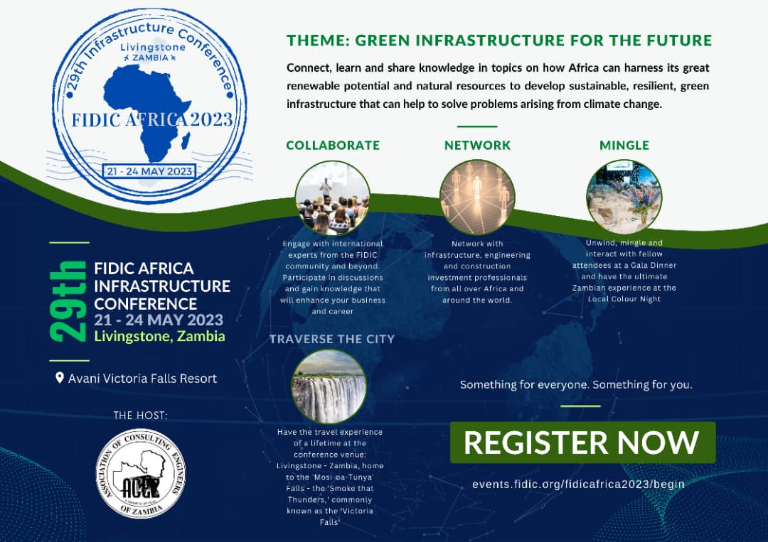 29th FIDIC AFRICA Infrastructure Conference 2023 -Livingstone Zambia
 
Join discussion on issues, challenges and opportunities on green infrastructure for the future of Africa and #agenda2063.
 
Don't miss out: register now events.fidic.org/fidicafrica202…