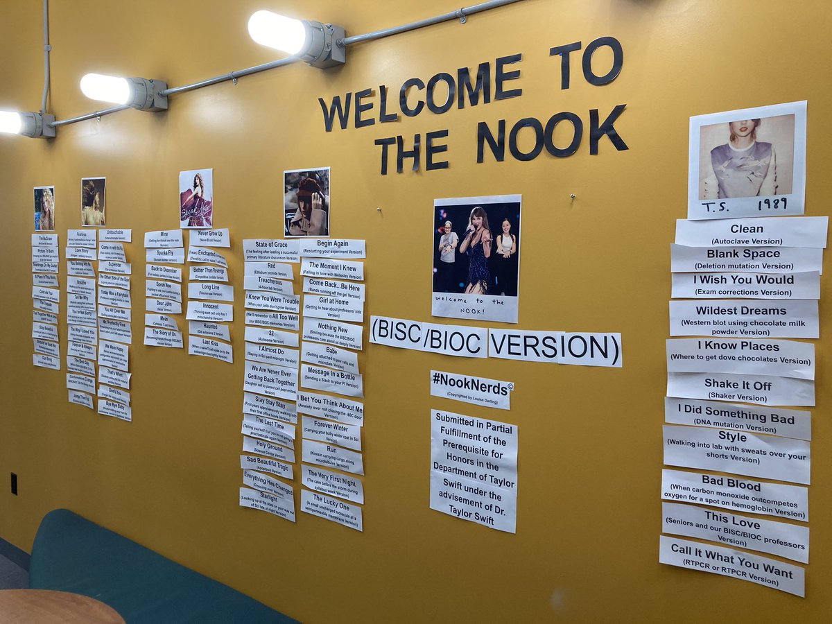 GossLab's tweet photo. Some of our very clever, amazing Biochemistry students took the lyrics to every @taylorswift13 song and adapted it to a Biochemical concept. Best end of the semester decorations ever! 1/2 https://t.co/mNDuFlA6zW
