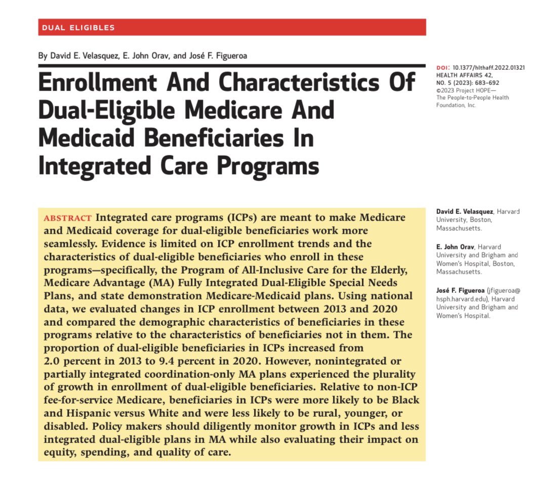 12.5 million people are dual eligible for #Medicare & #Medicaid And they have complex medical + social needs that may be better addressed through integrated care Unfortunately, in new @Health_Affairs study, we document slow growth into fully financially integrated care models…