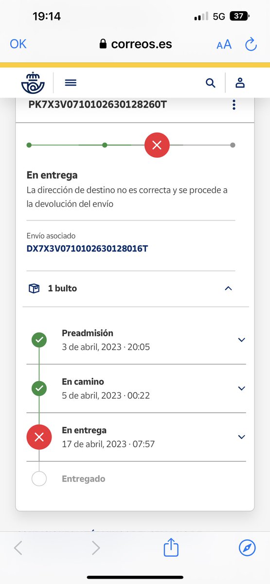 thannacserrano's tweet photo. @CorreosAtiende buenas tardes 
Por favor el tracking  del 3 de abril número DX7X3V0710102630128016T
Aparece como no entregado y no lo hemos recibido de vuelta NECESITAMOS AYUDA URGENTE! https://t.co/iVW73wITfF