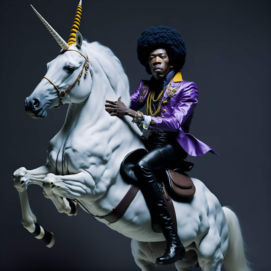 Experiment with A.I. here's Jimi Hendrix, riding a unicorn!!