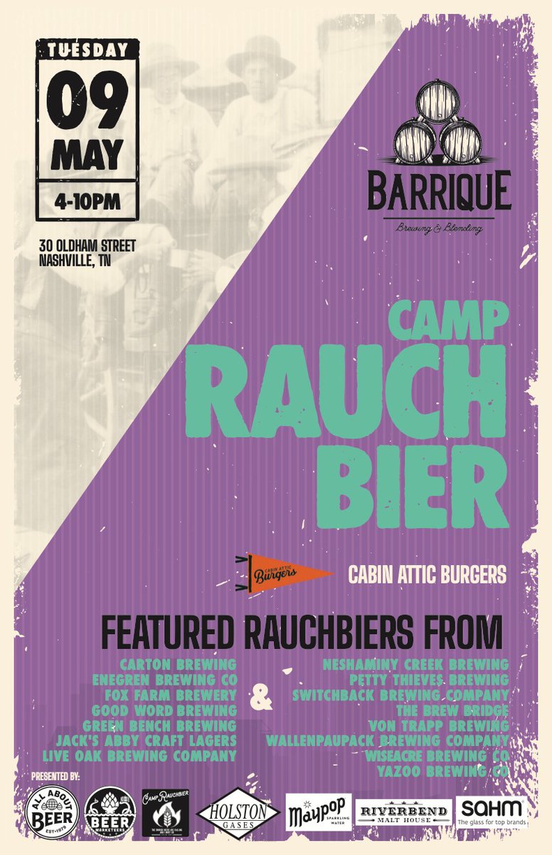 Andy Crouch (@beerscribe) on Twitter photo On Tuesday (5/9), we’re hosting our 1st Camp Rauchbier event at Barrique Brewing. Enjoy smoked beers from 15 🔥 breweries, including <a href="/FoxFarmBeer/">Fox Farm Brewery</a>, <a href="/GreenBenchBrew/">Green Bench</a>, & <a href="/LiveOakBrewing/">Live Oak Brewing Co.</a>. This smoky celebration also features a live recording of our popular <a href="/TWRauchbier/">ThisWeekInRauchbier</a> podcast. On Tuesday (5/9), we’re hosting our 1st Camp Rauchbier event at Barrique Brewing. Enjoy smoked beers from 15 🔥 breweries, including <a href="/FoxFarmBeer/">Fox Farm Brewery</a>, <a href="/GreenBenchBrew/">Green Bench</a>, & <a href="/LiveOakBrewing/">Live Oak Brewing Co.</a>. This smoky celebration also features a live recording of our popular <a href="/TWRauchbier/">ThisWeekInRauchbier</a> podcast.