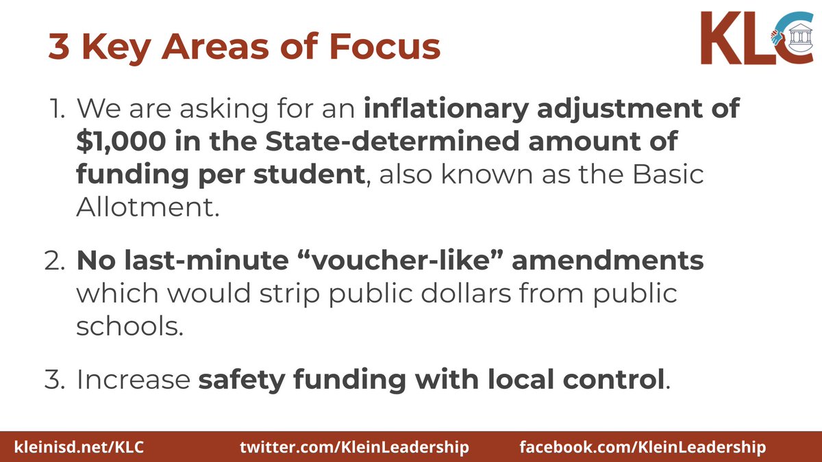 KleinLeadership's tweet photo. We’re asking you to keep these three things at the forefront while you advocate for our public schools this session! #txlege #TXPublicEd https://t.co/lk4cO5on6h