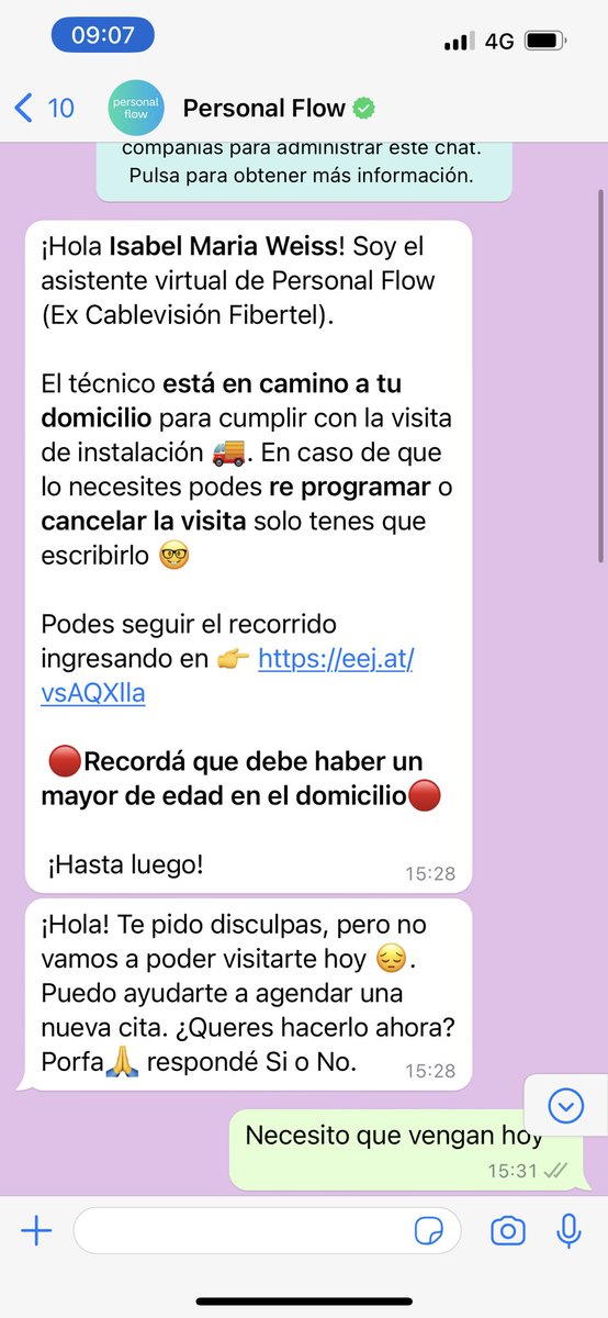 isabelweiss's tweet photo. ¿Cómo hago para hablar con alguien de verdad? segunda vez que me dicen que vienen a casa y no lo hacen! Me puede atender un ser humano? @PersonalFlow_At @PersonalAr @AgustinFiola @CarlosMoltini @robertonobile https://t.co/rhUYXCdLEZ