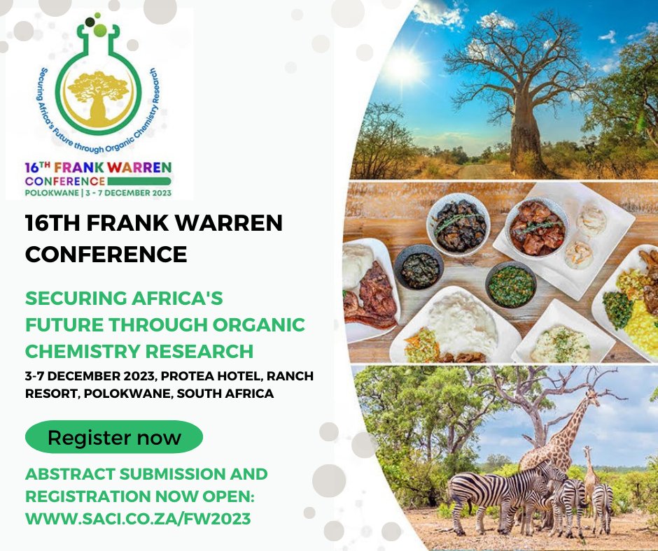 Are you passionate about #Africa 's #future? To find out more about how #organicchemistry plays a role in this and to share your own research and ideas join us at the 16th Frank Warren Conference. #FW2023 For more info and registration/abstracts:  saci.co.za/FW2023/
