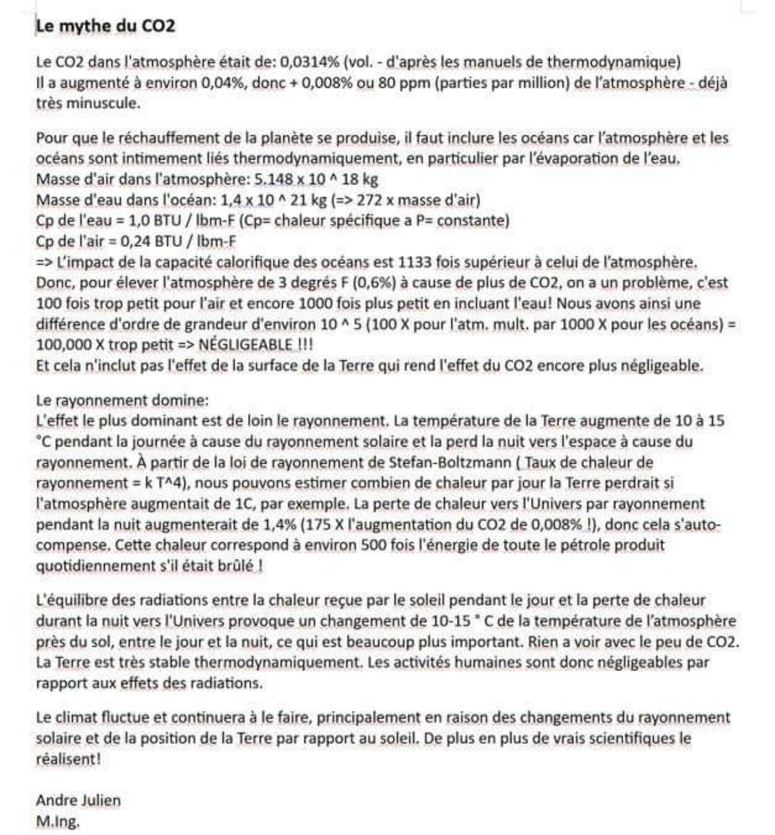 FrancoiDucrocq's tweet photo. Aucun scientifique, aucun, ayant étudié un peu la thermodynamique ne peut soutenir que le CO₂ est à l'origine du réchauffement climatique.
Je mets au défi n'importe quel membre du GIEC de remettre en cause la démonstration qui suit : https://t.co/uxDCB8315u