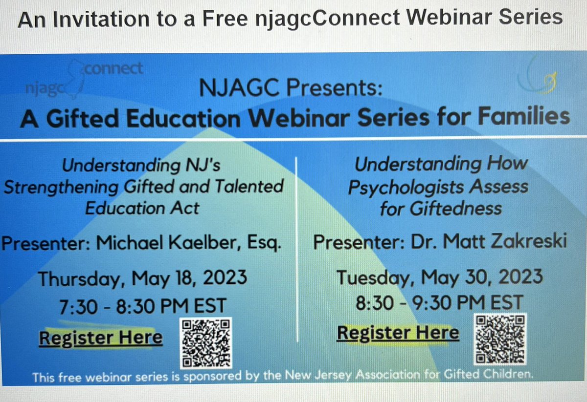 If you have a gifted learner in your family, this webinar  series is for you. Join njagcConnect for a FREE Family webinar series.