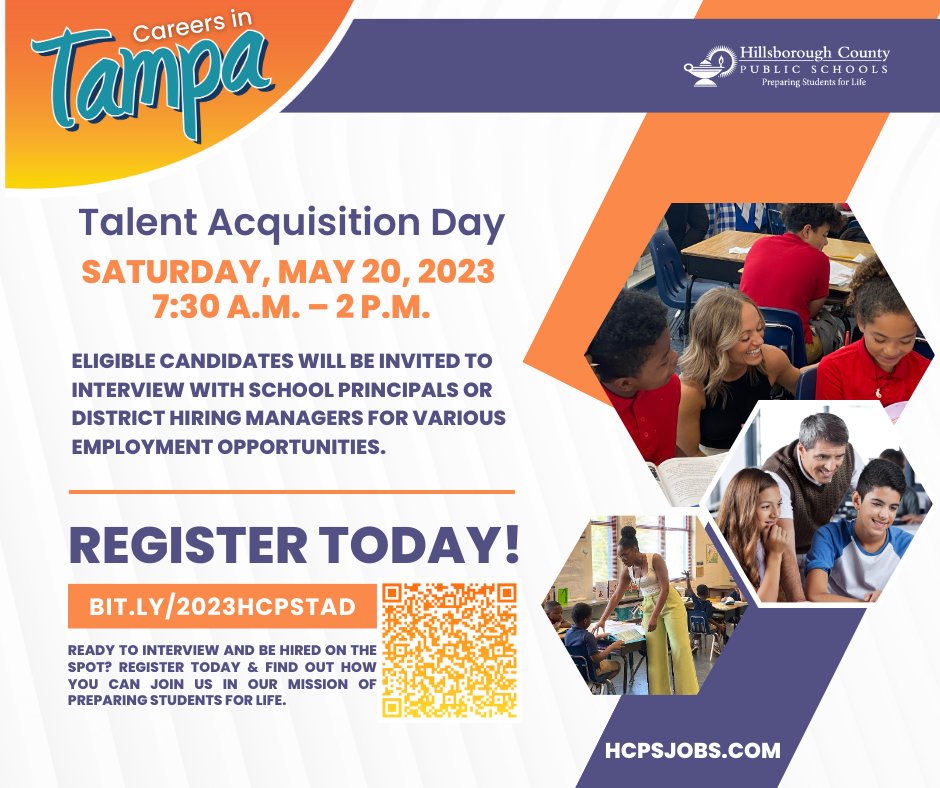 We are hiring! Join us for a special event on 5/20 to learn about various employment opportunities and the benefits of joining HCPS and our mission of "Preparing Students for Life."

Register by 5/10 at bit.ly/2023HCPSTAD.

#TampaJobs
#CareersinTampa 
#TeachinTampa 
#Jobs