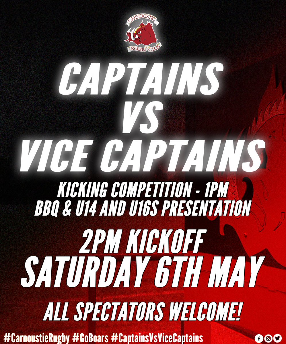 This Saturday, we have our annual Captains vs Vice Captains selection match taking place at Carnoustie High School! 👌

Always a brilliant day out with some fantastic rugby and great banter on show!

🏉 Captains v Vice Captains
📆 Saturday 6th May
🏠 Carnoustie High School
⏰ 2pm