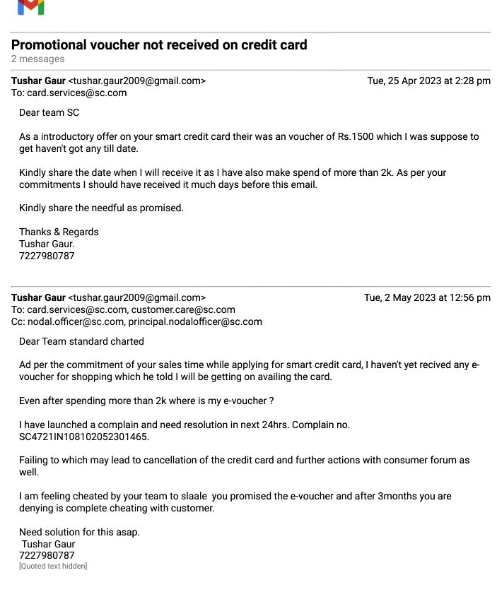 twitontush's tweet photo. @StanChart @RBI @FinMinIndia to sell creditcards banks are cheating customers by making commitments 2 give voucher, earbuds etc and once you avail card you get cheated. NevNe@ConsumrConxion #ConsumerRights #consumerprotection #ReserveBank 
#cheaterstandardchartedbank https://t.co/BZbum4YZQB