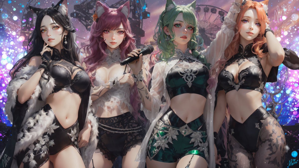 Shialyns's tweet photo. Hey! #BLACKPINK  invited us to #Coachella , so #ChromaX couldn't say no!

And here we are, ready to rock the crowd! 

#festivAlgIrlchallenge by @pdouglasr #PopIdolAIChallenge by @hamzaa_ai 
[Finally all 4 together]

#AIイラスト #AIart #YodayoAI https://t.co/9rJpU84fQj