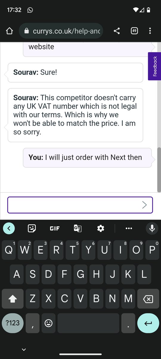 Pointless trying to price match at <a href="/currys/">Currys</a> with <a href="/nextofficial/">Next</a> as apparently Next doesn't have a UK VAT number🤔 and can't give me a date of delivery they won't give me it. It's delivered within 5-6 days