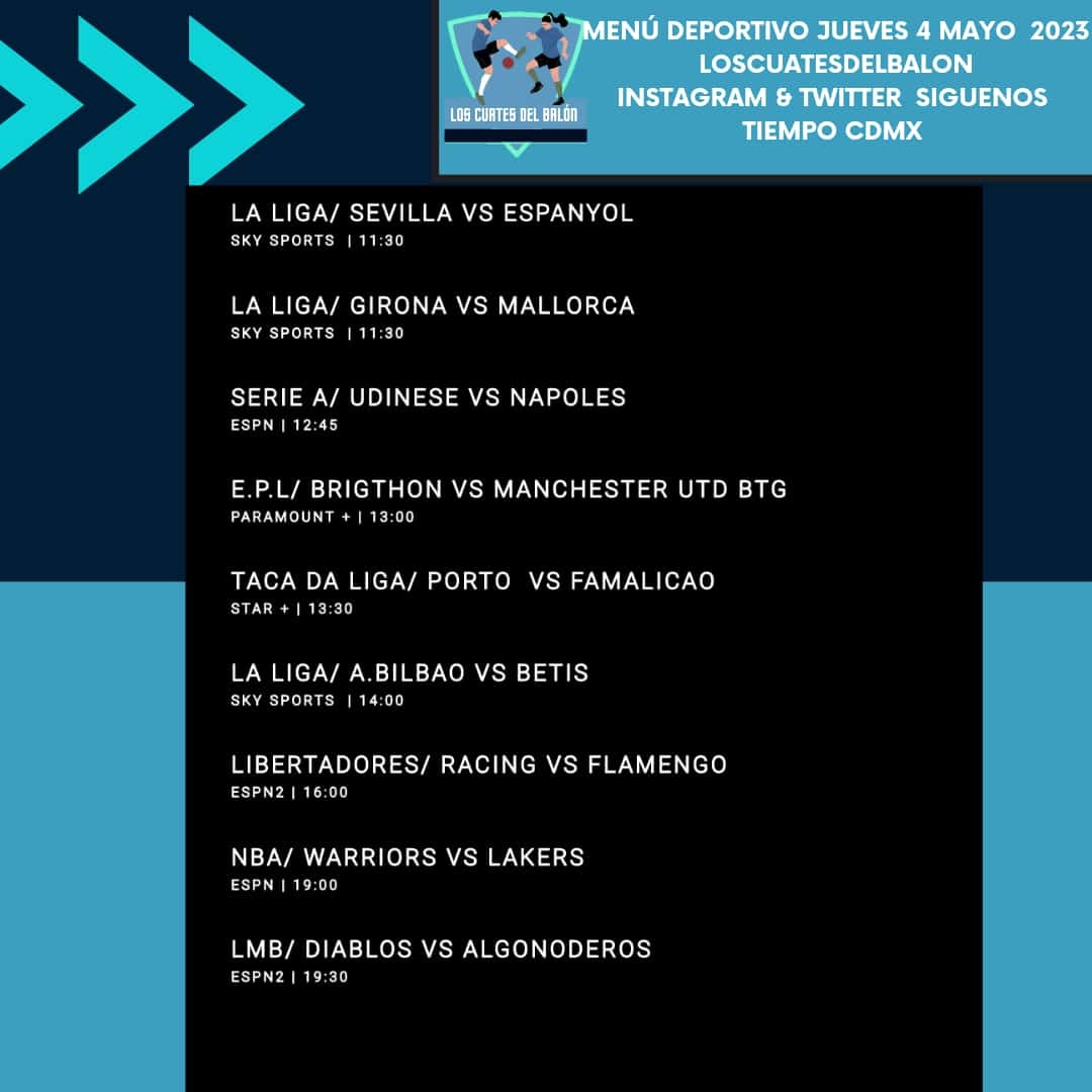lcdelbalon's tweet photo. MENÚ DEPORTIVO JUEVES 4 DE
MAYO 2023 #FUTBOLXSKY #LALIGASANTANDER #NBAXESPN #MLBXESPN #libertadoresxespn🏆 #concacafxfox #SERIEAXESPN #LAPREMIERENPARAMOUNT https://t.co/GamdW7j5c2