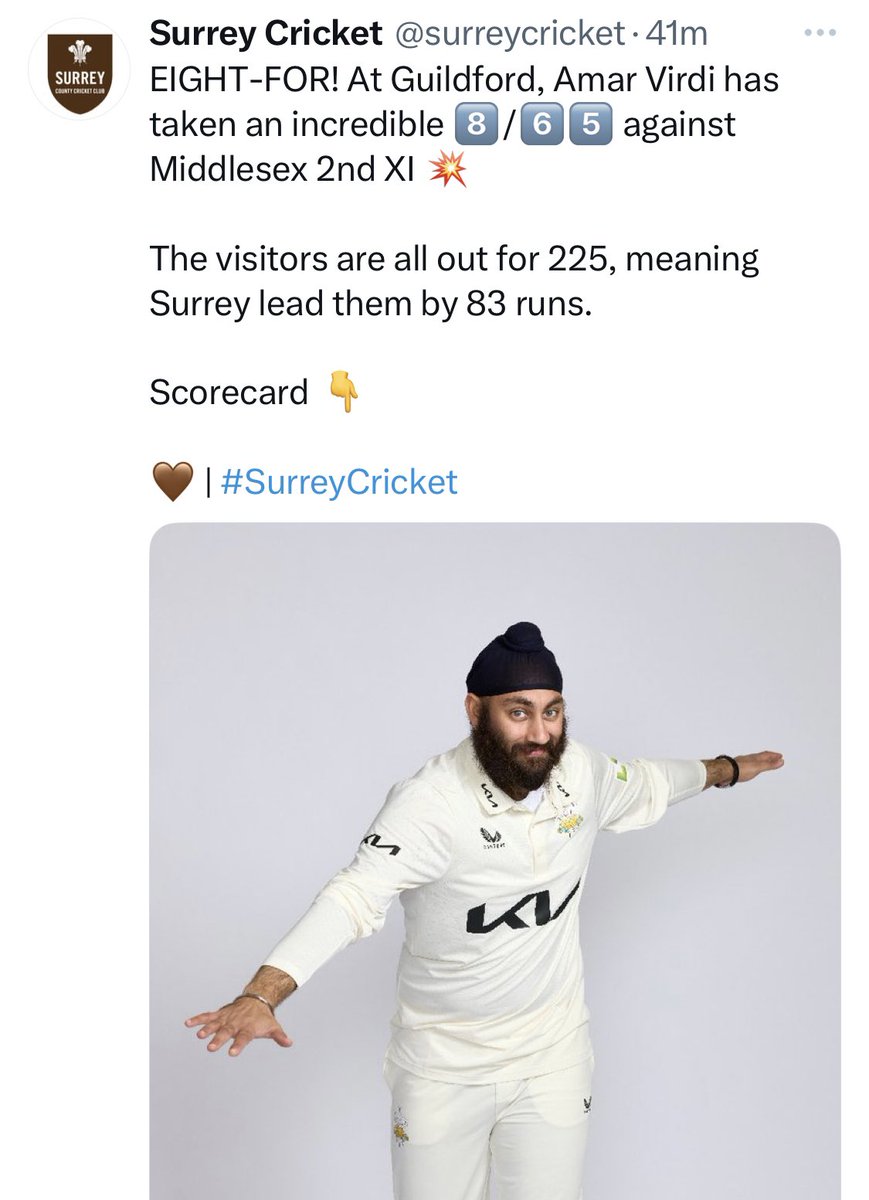 Amar Virdi is on fire !! 6 for 49 against #Warwickshire last week and 8 for 65 against #Middlesex today … 🏏why is @AmarSinghVirdi still playing in the 2nds?? 🧐 @surreycricket