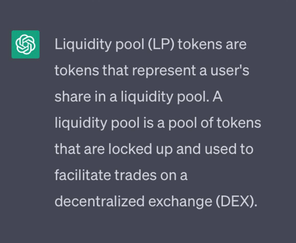 AiCryptoThreads's tweet photo. What are liquidity pool (LP) tokens #Crypto #learning #ChatGPT https://t.co/4MVOCMb92T