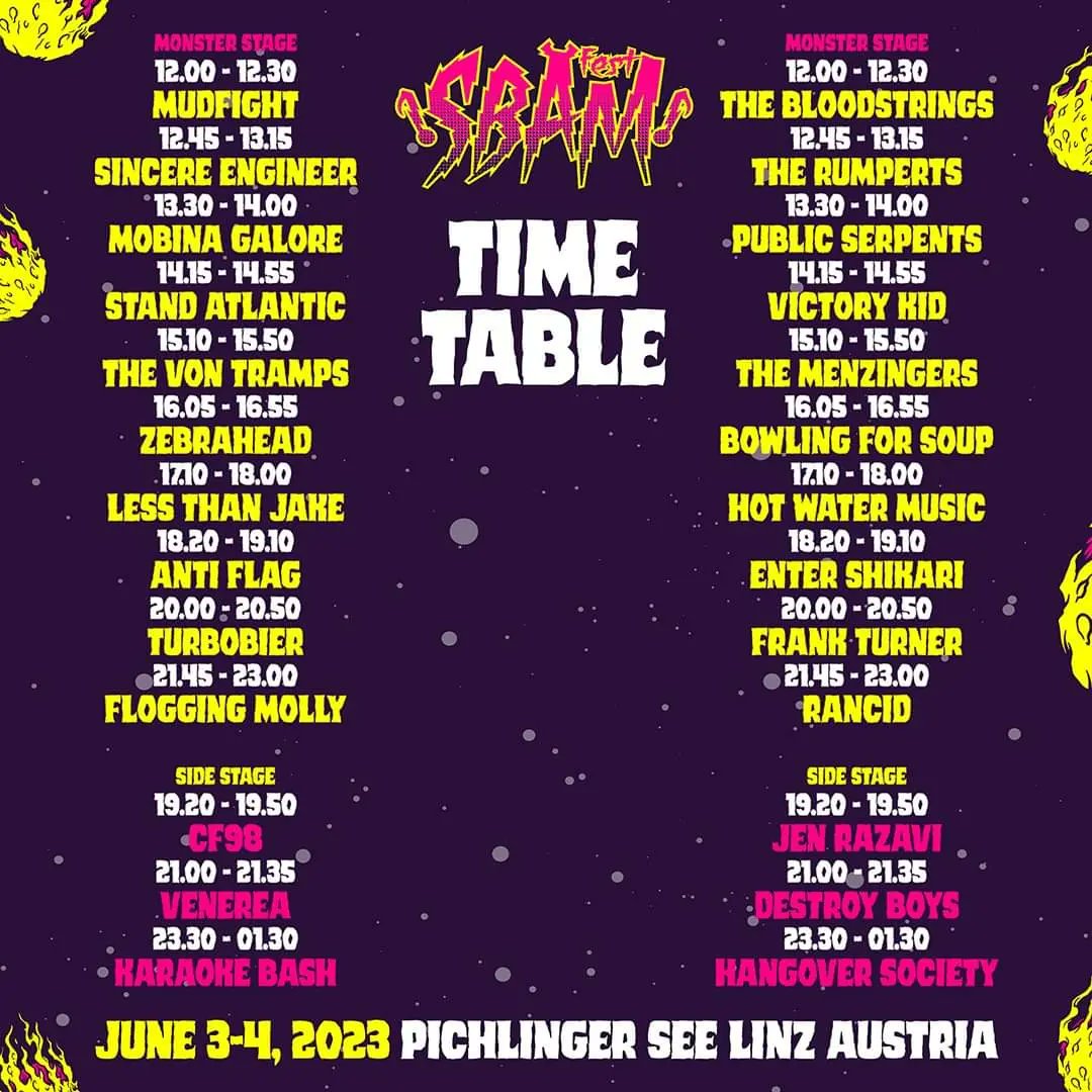 Timetables out for @sbamrocks Fest! So stoked to be playing alongside so many rad bands on day one! See you soon Linz!🤘💥 @mudfightband @SincereEngineer @MobinaGalore @standatlantic @zebrahead @LessThanJake @anti_flag @TURBOBIER @floggingmolly