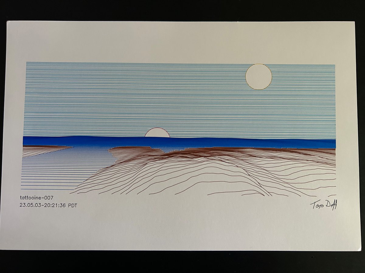 For Star Wars day, two Tattooine beach sunsets. (Does Tattooine have beaches? I don't care.) Drawn by my #axidraw v3a3 (with brushless z servo upgrade) using Pentel EnerGel pens. #plottertwitter #maythe4thbewithyou