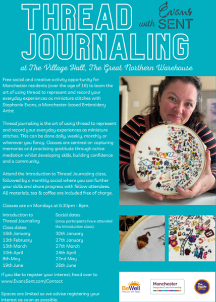 Spaces are still available for this Monday's Introduction To Thread Journaling class ran by Evans Sent LTD! The sessions are fully funded by @BeWellMcr and <a href="/ManchesterICP/">Manchester Integrated Care Partnership</a> and offer a safe and welcoming space to practice reflection! - book your space here: buff.ly/3NcvZZQ
