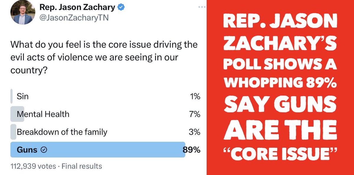 TheTNHoller's tweet photo. ⚡️FINAL RESULTS: 113,000 votes later a poll by @JasonZacharyTN (R-Knoxville) shows 89% say guns are the “core issue driving the evil acts of violence” https://t.co/qDGd6otNiq