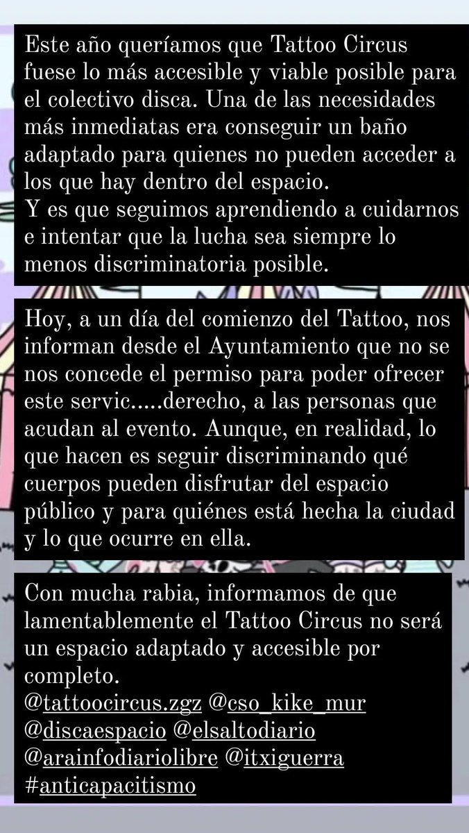 CAMPAzgz's tweet photo. El Ayuntamiento de Zaragoza (@zaragoza_es ), negando el derecho a disfrutar del espacio público y de los eventos de la ciudad a personas disca.
#anticapacitismo #tattoocircus #anticarcelario #represión #tintapropresxs https://t.co/XAHJ3yi5LQ