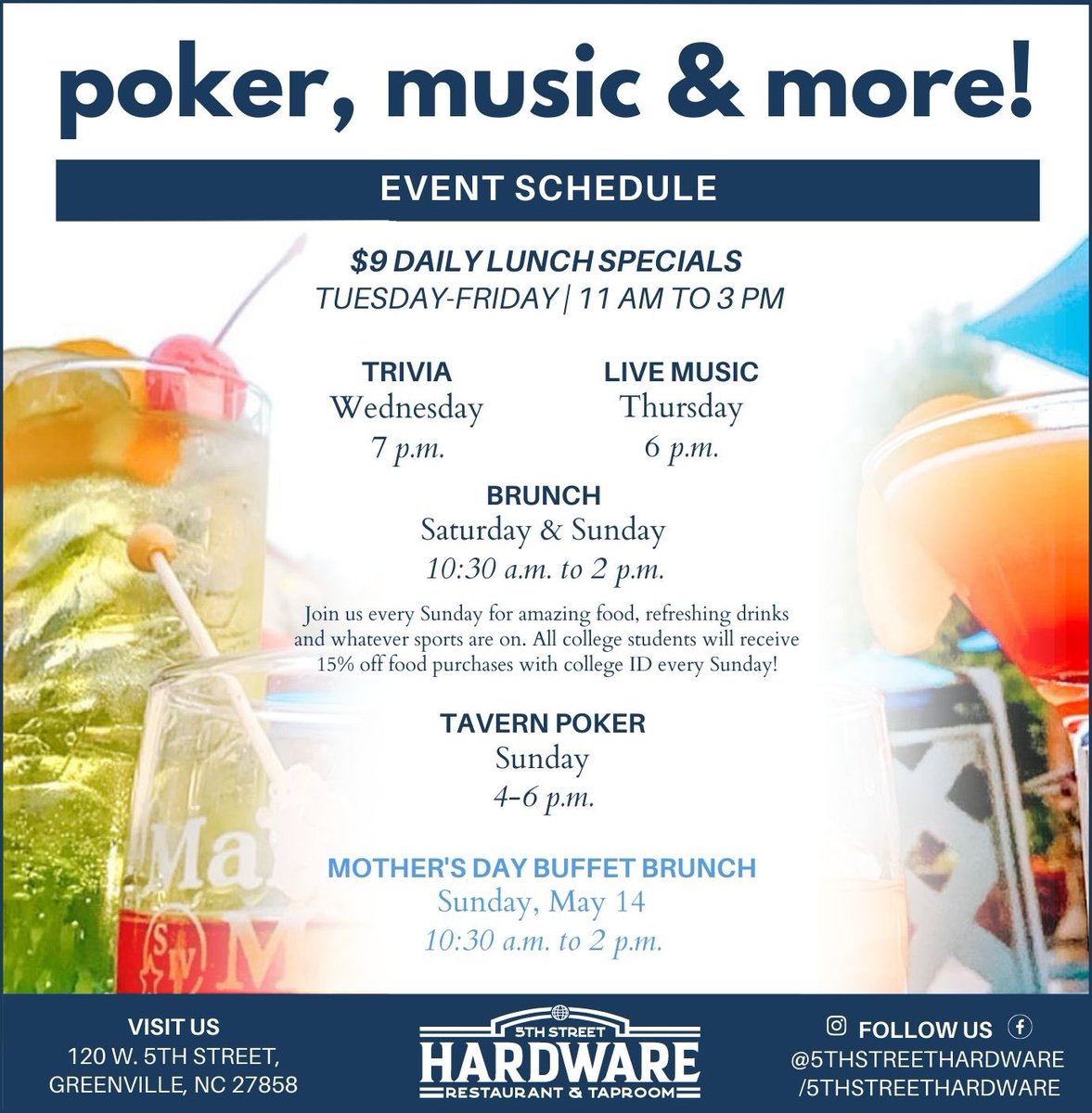 AD: Map out your weekend with 5th Street Hardware’s event schedule! View our menu online at 5thstreethardware.com