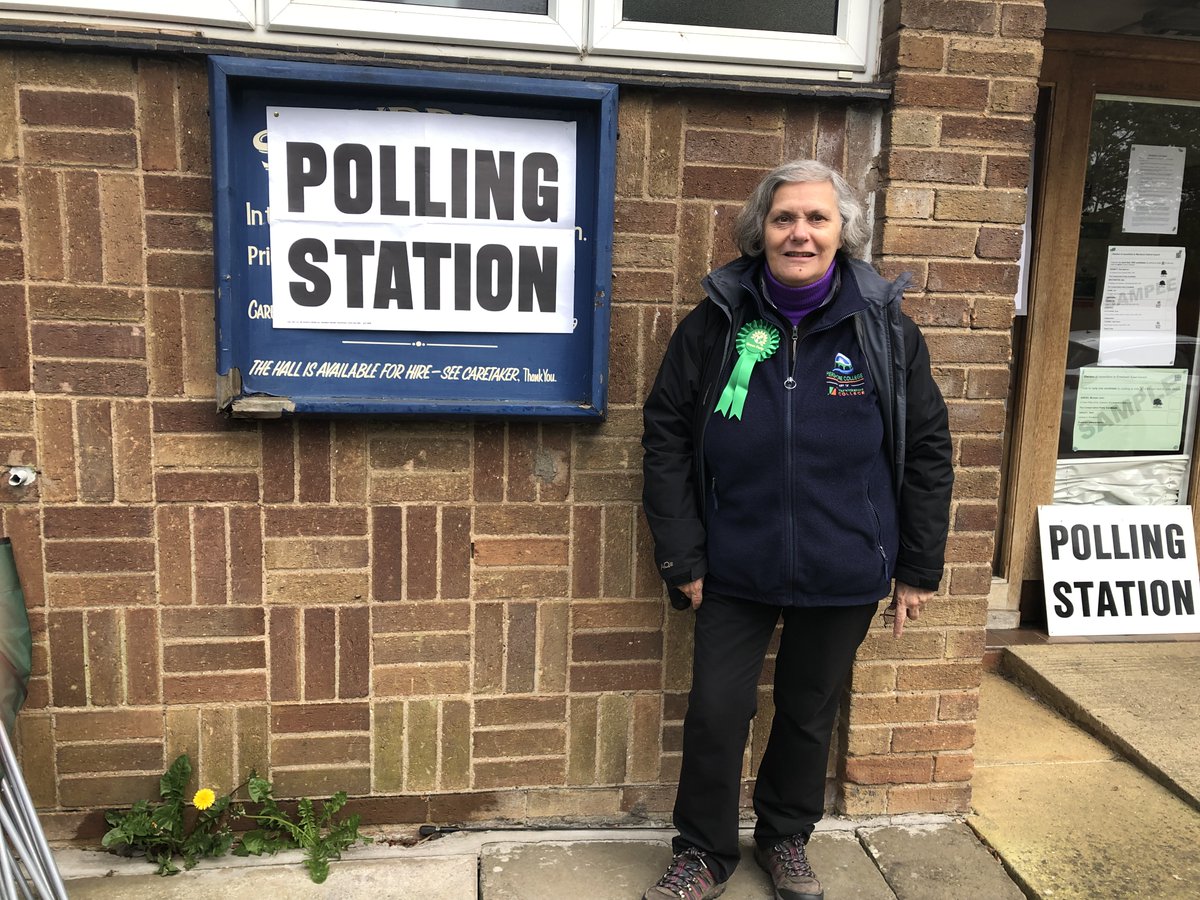 Julie Tucker, seeking re-election in Evesham South,  at our new polling station at St Andrews.  Time to vote up until 10pm -  don't forget your photo ID